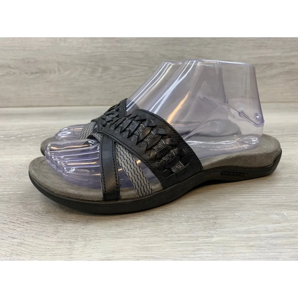 Merrell Women's Black Grey Woven Strap Slide Sandals Memory Foam 7 Shoes